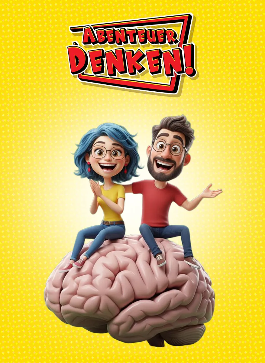 Pia und Ben sitzen auf einem riesigen Gehirn